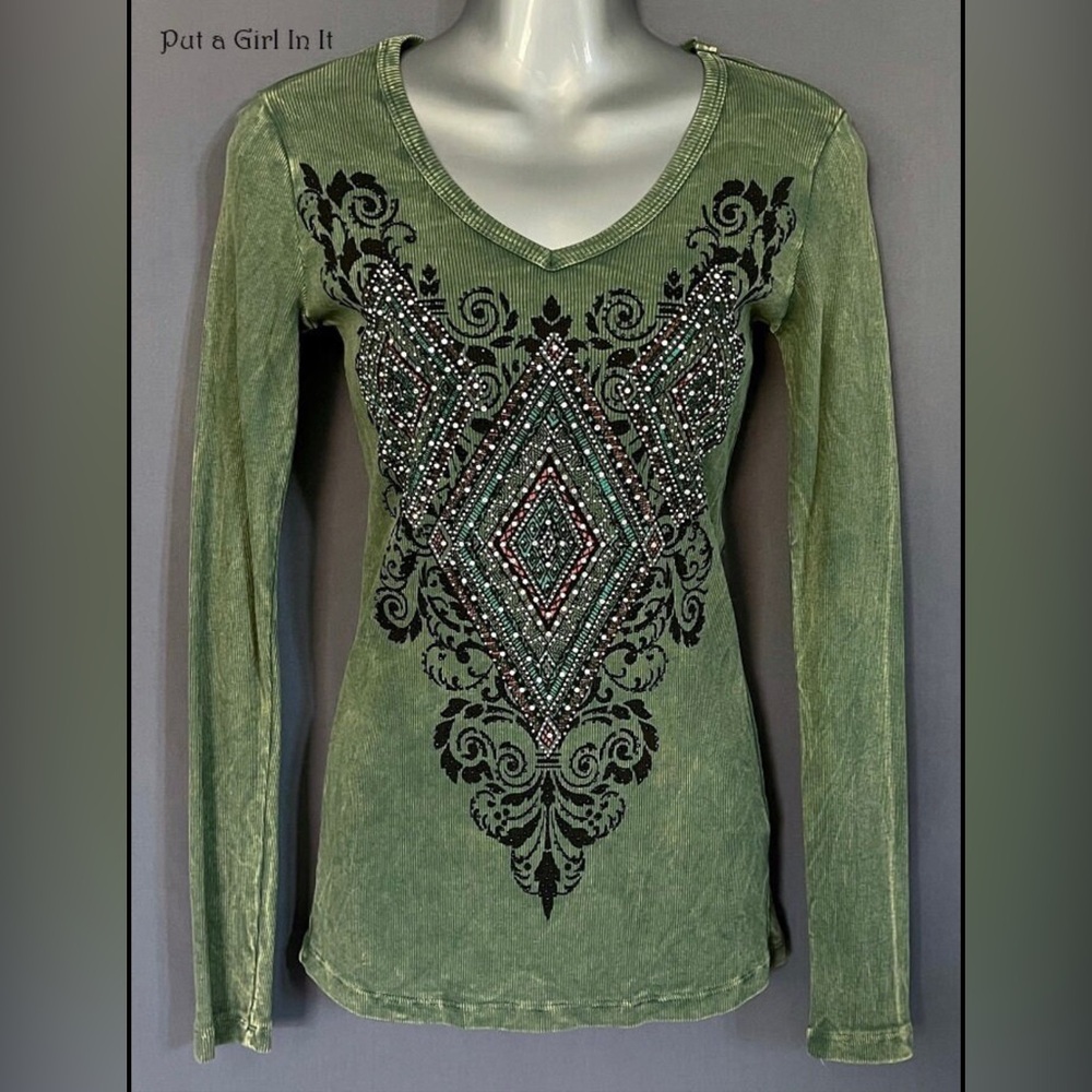 Vocal Green Embellished Long Sleeve Top